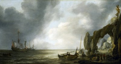 Navios de guerra holandeses ancorados ao largo de uma costa rochosa, alguns tripulantes desembarcaram na costa, reunidos à volta de cestos de pesca de Simon Jacobsz. Vlieger