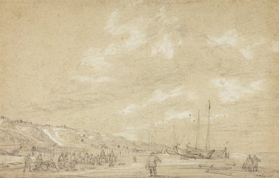 Pescadores que secam redes na praia de Scheveningen de Simon Jacobsz. Vlieger