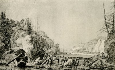 Paisagem, com, um, rio, entre, montanhoso, bancos de Simon de Vlieger