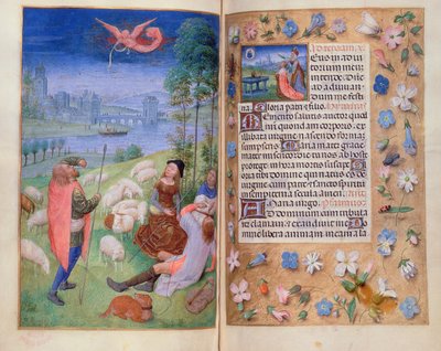 Adicionar 38126 fol.79v-80 The Annunciation to the Shepherds, das Horas de Huth de Simon Marmion