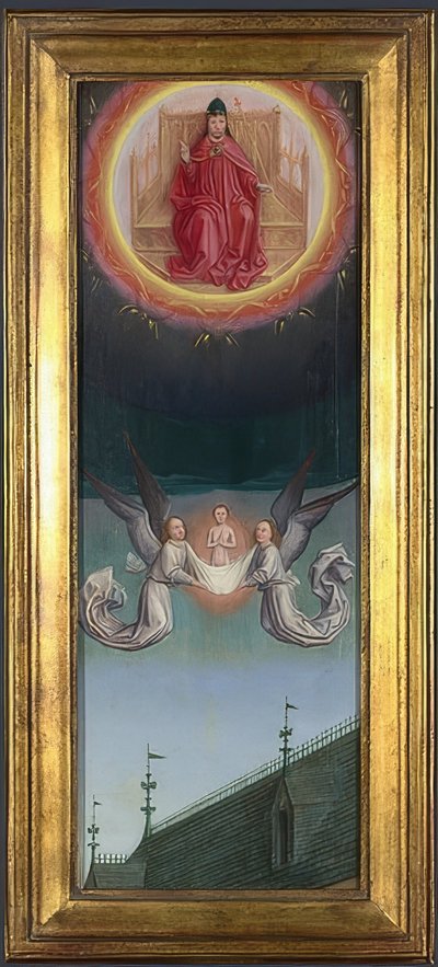 A alma de São Bertin é levada para o céu (retábulo da abadia de St. Bertin). Por volta de 1459 de Simon Marmion
