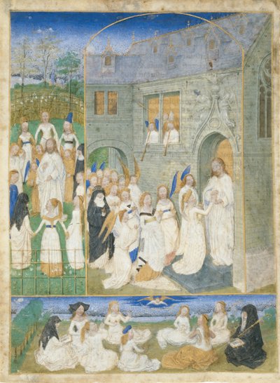 As Virgens Sagradas Saudadas por Cristo ao Entrarem nos Portões do Paraíso, ca. 1467-70. de Simon Marmion