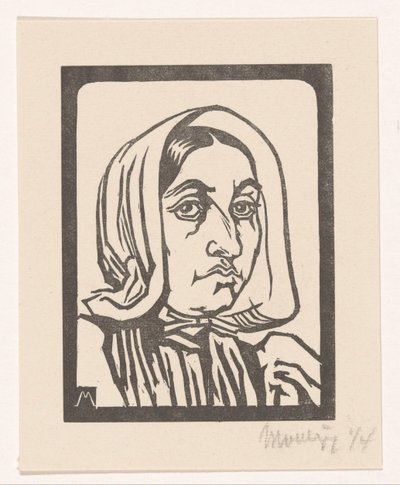 Cabeça de uma mulher com capuz A esposa do pescador Huizer (título original) de Simon Moulijn (signed by artist)