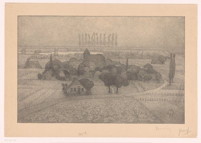 Paisagem com uma vila por um rio Crepúsculo (título original) de Simon Moulijn (signed by artist)