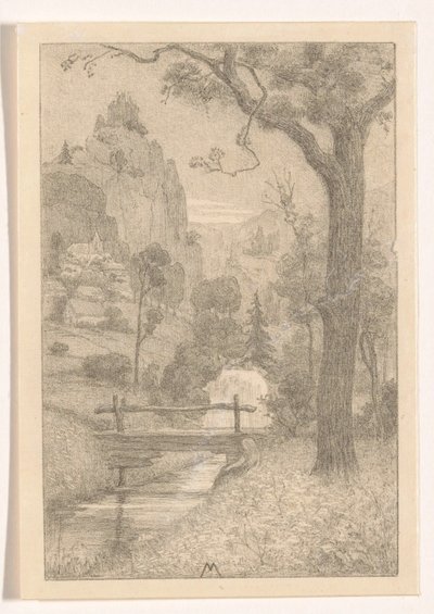 Paisagem montanhosa com cachoeira e ponte de Simon Moulijn