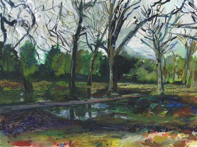 Inundação, Richmond Park (aguarela, guache, lápis de aguarela e tinta sobre papel) de Simon Neville