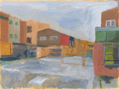 Pátio e edifícios, 2025 (acrílico sobre tela) de Simon Neville