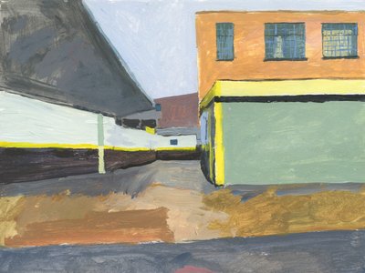 Pátio de garagem, 2025 (acrílico sobre papel) de Simon Neville