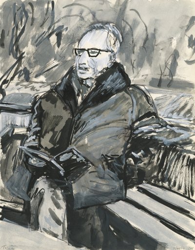 Homem a ler um livro, 2019 (tinta e canetas de tinta acrílica sobre papel) de Simon Neville