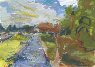 Pavenment  shortcut to houses, 2024 (acrílico, aguarela, lápis de aguarela e pastel de óleo sobre papel) de Simon Neville