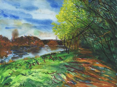 River Thames, Richmond, 2014 (aguarela, guache e pastel de óleo sobre papel) de Simon Neville