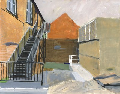 Small courtyard, Wandsworth, 2025 (acrílico, canetas de tinta acrílica, canetas de nanquim, canetas de tinta à base de óleo e grafite sobre papel) de Simon Neville