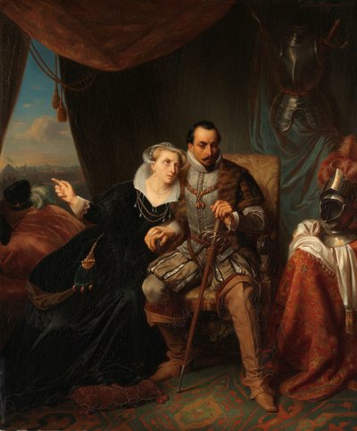 Magdalena Moons implora seu noivo Francisco Valdez para adiar o assalto de Leiden outra noite, 1574 Cena da Guerra dos Oitenta Anos de Simon Opzoomer