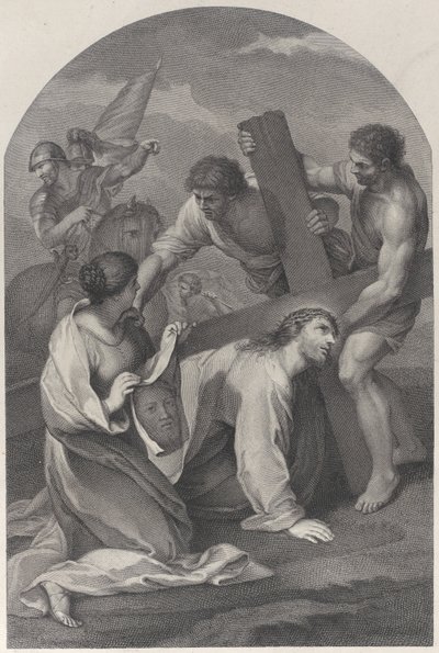 Cristo caiu no chão sob o peso da cruz, com dois homens ajudando e ..., ca. 1729. de Simon Vallee