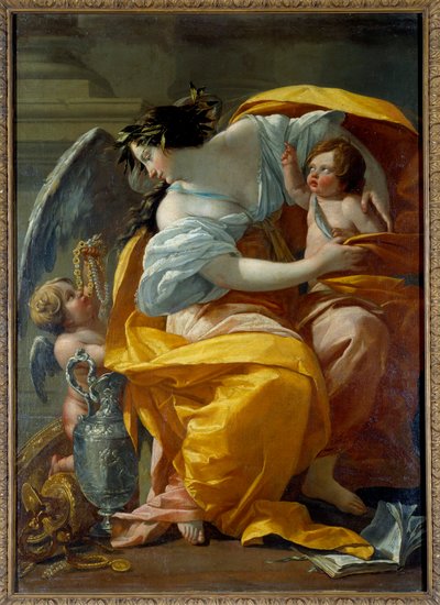 Representação alegórica da Riqueza Uma mulher, símbolo da Fortuna e da Abundância, rodeada de putti e jóias. Pintura de Simon Vouet (1590-1649) Sol do século XVII. 1,7x1,2 m de Simon Vouet