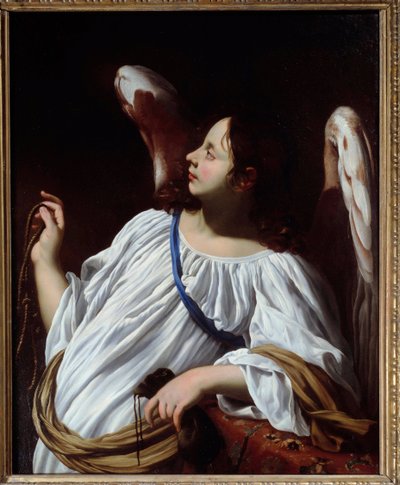 Anjo tem a corda e os instrumentos da Paixão de Cristo Detalhe de um quadro de Simon Vouet (1590-1649) Coleção Particular do século XVII de Simon Vouet