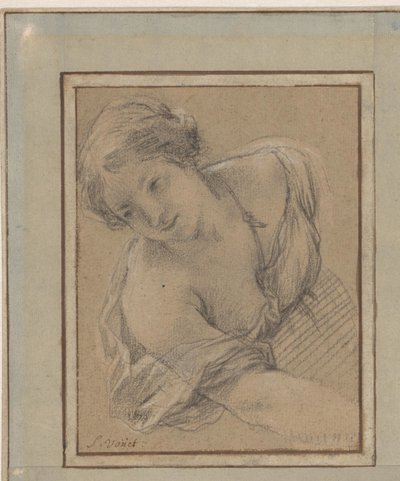 Estudo de uma jovem mulher que se inclina de Simon Vouet