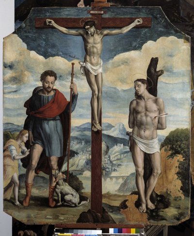 Crucificação com St. Roch e St. Sebastian (óleo sobre madeira) de Simon de Châlons