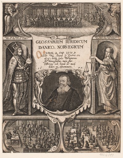 Folha de rosto com retrato de C.O. Veile para "Glosarium juridicum Danico - Norvegicum", 1652 de Simon de Pas
