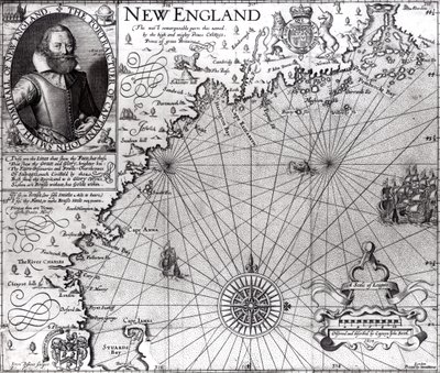Mapa da costa da Nova Inglaterra, observado e descrito pelo capitão John Smith (1580-1631) 1614, de &39;Generall Historie&39;, 1624 de Simon de Passe