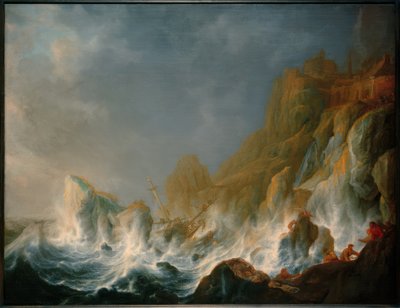 Naufrágio na tempestade do mar em uma costa rochosa de Simon de Vlieger