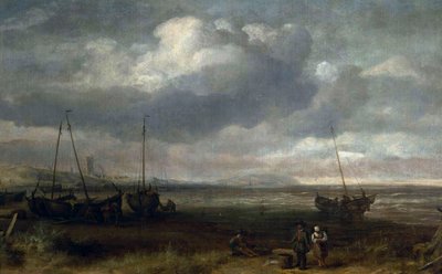 Beira-mar em Scheveningen com barcos de pesca de Simon de Vlieger