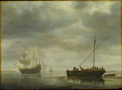 Navio de um mastro e fragata disparam uma salva num mar calmo de Simon de Vlieger