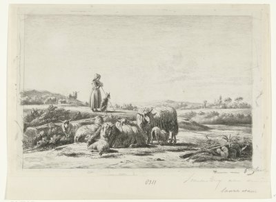 Paisagem com pastora e cão com rebanho de ovelhas de Simon van den Berg