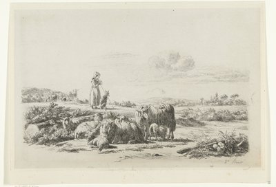 Paisagem com pastora e cão com rebanho de ovelhas de Simon van den Berg