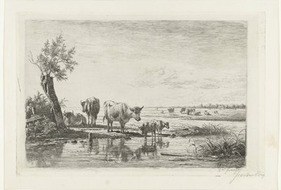 Paisagem de pastagem com vacas perto da água de Simon van den Berg