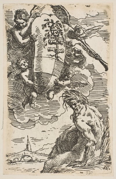Alegoria do rio Foglia com o brasão da cidade de Pesaros, frontispício para ..., ca. 1639 de Simone Cantarini