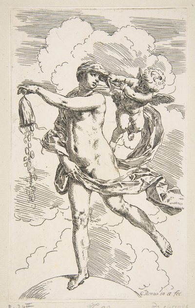 Fortuna em pé em um globo esvaziando uma bolsa de moedas, ca. 1635-1636. de Simone Cantarini