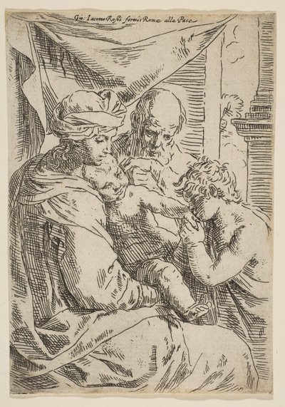 Sagrada Família com São João Batista beijando a mão de Cristo, ca.1642. de Simone Cantarini