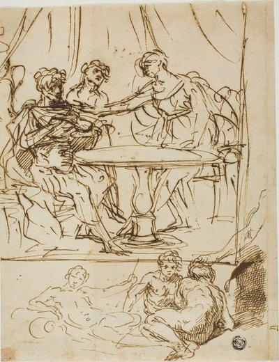 Judite com a Cabeça de Holofernes e Esboços de Deuses do Rio (reto); Cabeça feminina, olhando para cima (verso) de Simone Cantarini