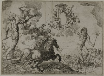 Júpiter, Netuno e Plutão oferecendo suas coroas aos braços do cardeal Borghese de Simone Cantarini