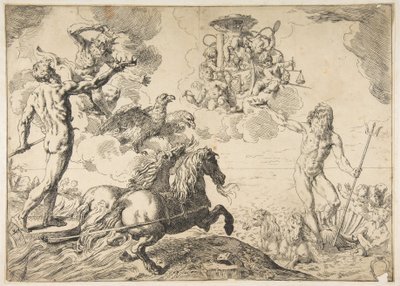 Júpiter, Netuno e Plutão oferecendo suas coroas aos braços do Cardeal Borghese, 1642-43. de Simone Cantarini