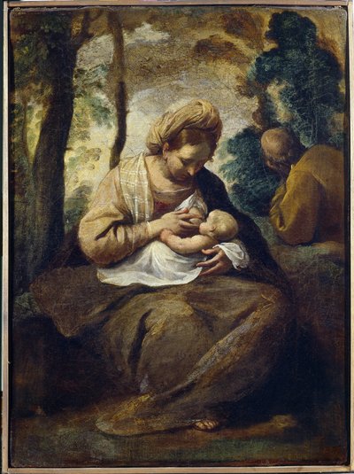 Descanso no voo para o Egipto. Pintura de Simone Cantarini (1612-1648), óleo sobre tela. Arte italiana (Bolonha) de Simone Cantarini
