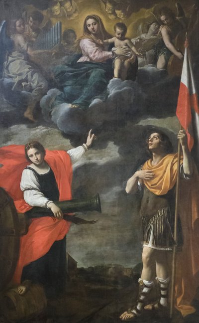 Nossa Senhora da Glória com o Menino e os santos Bárbara e Terenzio, c.1630 (óleo sobre tela) de Simone Cantarini