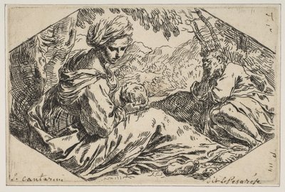 Descanse no Egito, Maria segurando e olhando para o bebê Cristo, enquanto São José ..., ca. 1637-1639. de Simone Cantarini