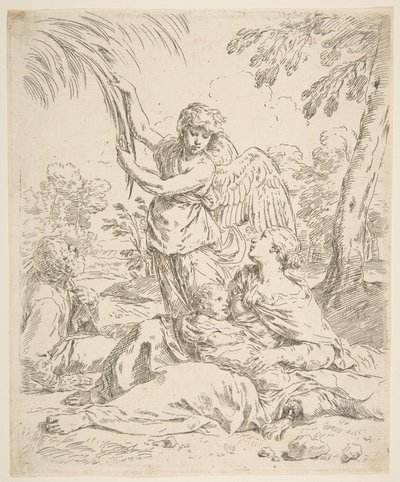 Descansar no Egito, Maria amamentando o bebê Cristo enquanto um anjo puxa galhos de árvores, ca. 1639 de Simone Cantarini