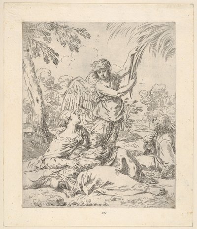 Descansar no Egito, Maria amamentando o bebê Cristo, enquanto um anjo puxa o galho de árvore ..., ca.1630-1648. de Simone Cantarini