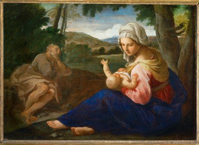 Descanso no voo para o Egito (pintura sobre tela) de Simone Cantarini