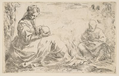 Descanse na fuga para o Egito, Maria segurando e olhando para o bebê Cristo enquanto St ...., ca. 1637 de Simone Cantarini