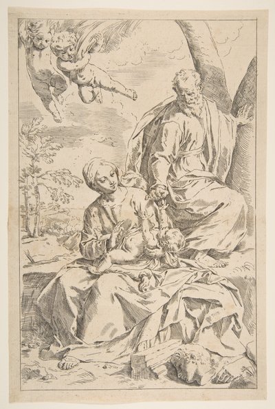 Descanse na fuga para o Egito, Maria segurando o bebê Cristo, enquanto São José entrega sua mão ..., ca. 1639 de Simone Cantarini
