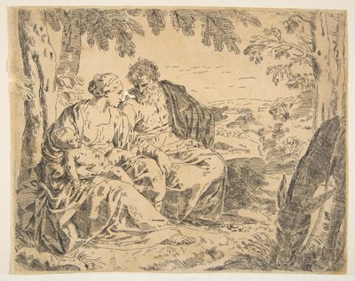 Descanse na fuga para o Egito, Maria segurando o infante Cristo enquanto São ..., ca. 1637-1639 ou depois. de Simone Cantarini