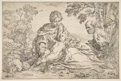 Descanse na fuga para o Egito, Maria segurando o menino Cristo com São José à direita, ca. 1640. de Simone Cantarini