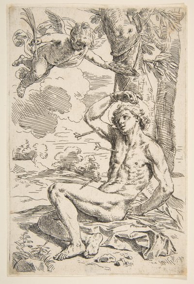 São Sebastião perfurado por flechas e amarrado a uma árvore, ca. 1639 de Simone Cantarini