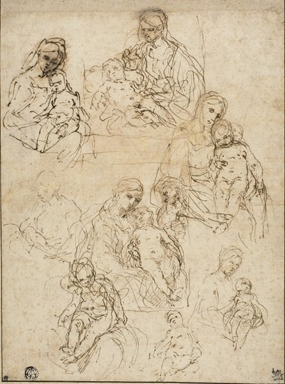 Esboços da Virgem e do Menino e da Sagrada Família, 1642-48 de Simone Cantarini