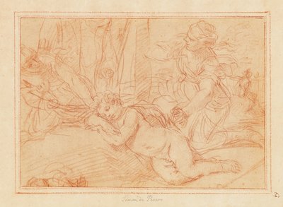 Vénus e as ninfas a desarmar o Cupido (giz vermelho sobre papel) de Simone Cantarini