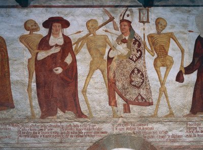 A morte pede ao cardeal e ao bispo para dançar, detalhe de A Dança da Morte de Simone II Baschenis